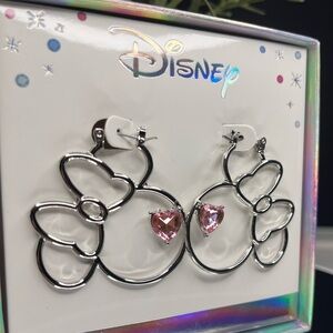 Disney Minnie Mouse Silver Hoop Earrings Pink Heart Rhinestone CZ Gift Box NWT